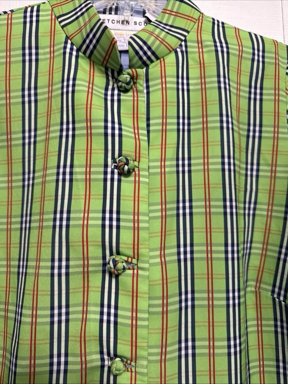 Gretchen Scott Green Plaid Mock Neck Button Front Blouse Size Medium 3/4 Sleeves - Picture 4 of 5